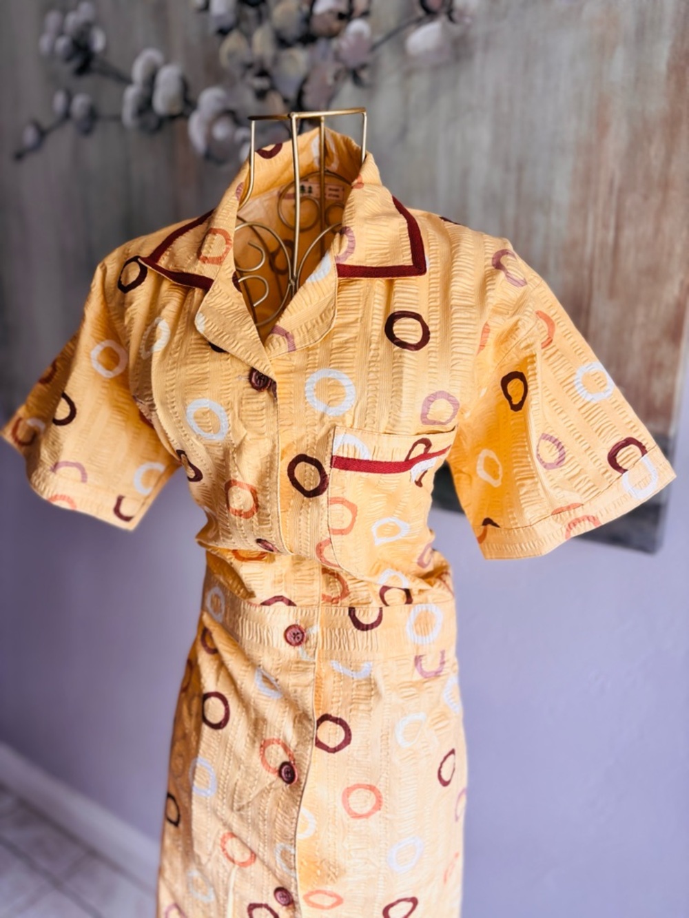 Vintage Moon Stone Textured Midi Shirt Dress M/L - Picture 3 of 9
